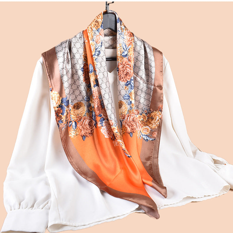 Spring and summer scarf temperament floral printing versatile decorative scarf headscarf silk scarf 90 high-quality satin square scarf