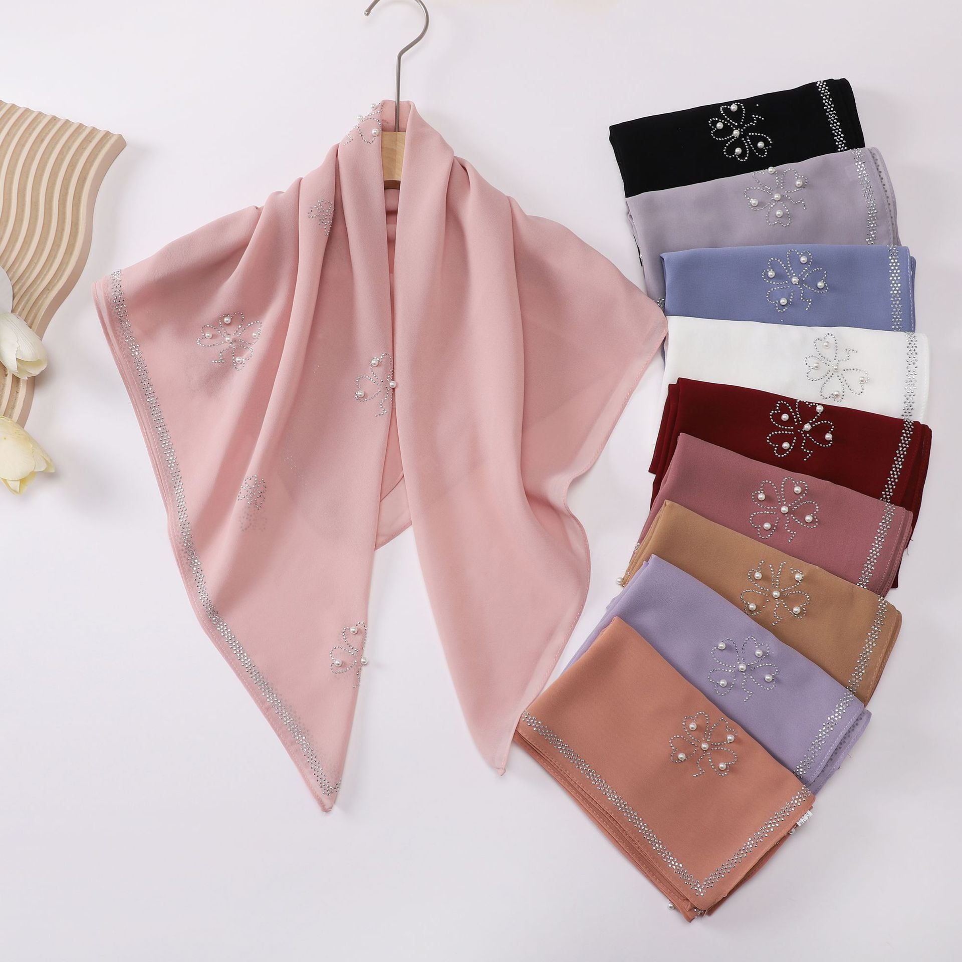 New pearl chiffon Scarf hot diamond bead square shawls Malaysia headscarf