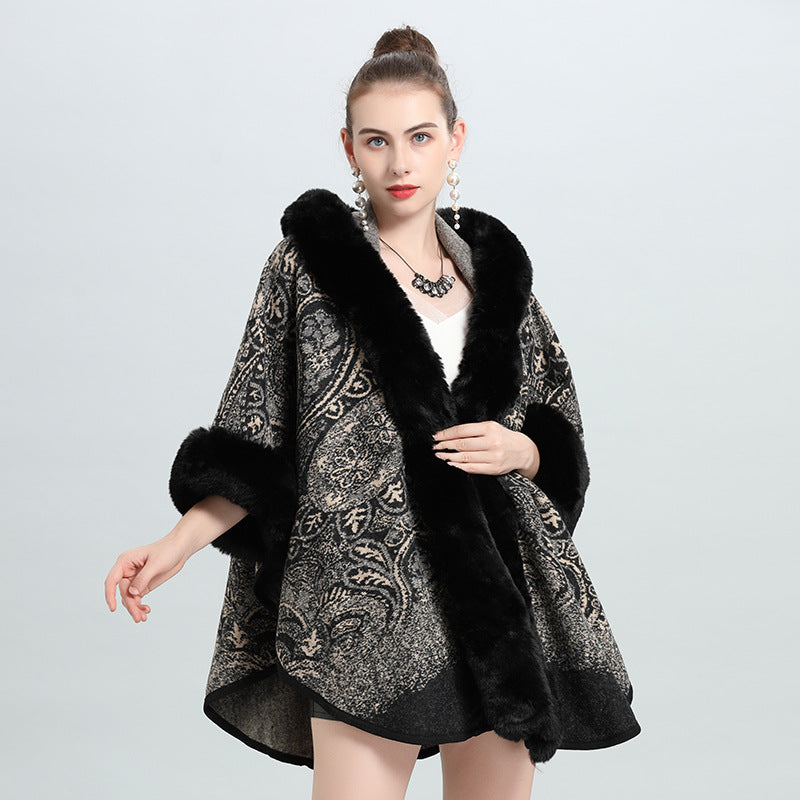 1400 European and American autumn and winter new hooded shawl cape women's imitation fox fur collar versatile woolen coat