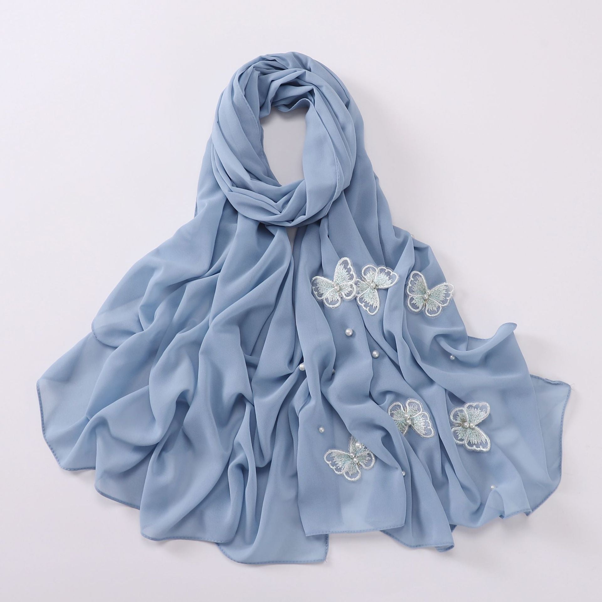 Pearl chiffon three-dimensional butterfly flower bead scarf gauze Malaysian headscarf