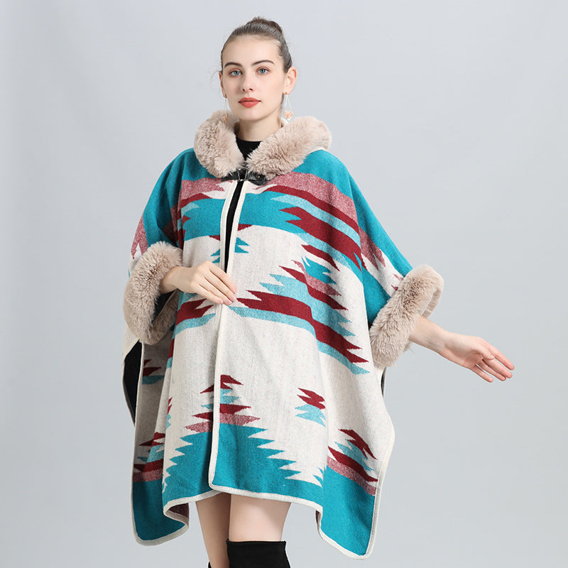 European and American autumn and winter new large size loose cloak imitation fur collar jacquard knitted cardigan shawl cloak jacket 0967 #