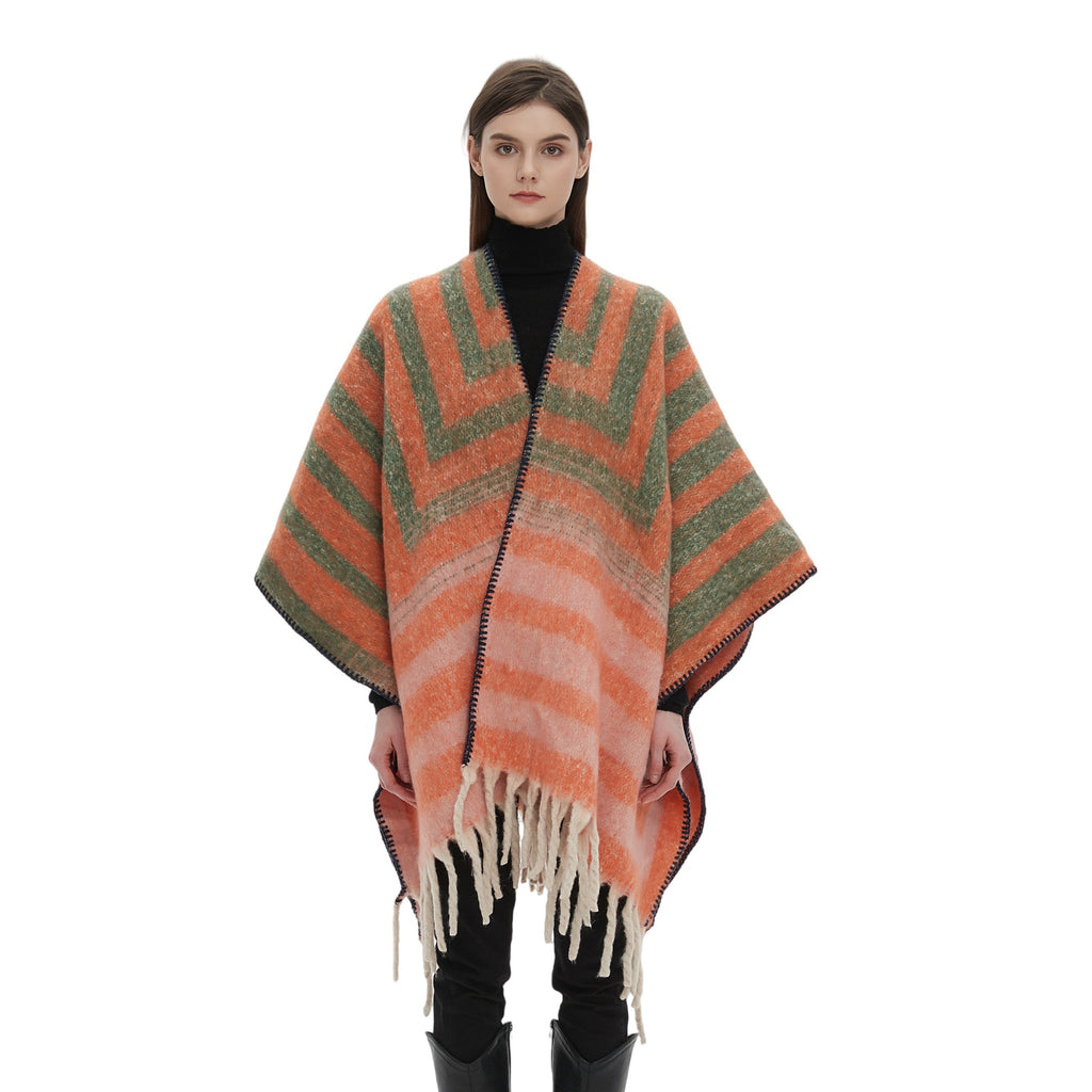 2025 new European and American autumn and winter circle yarn imitation mohair thickened jacquard striped shawl