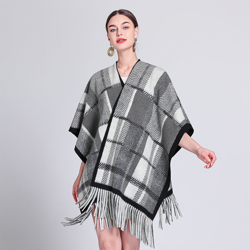 Autumn and winter Internet celebrities new plaid shawl with temperament fringed shawl cape cape retro scarf coat women