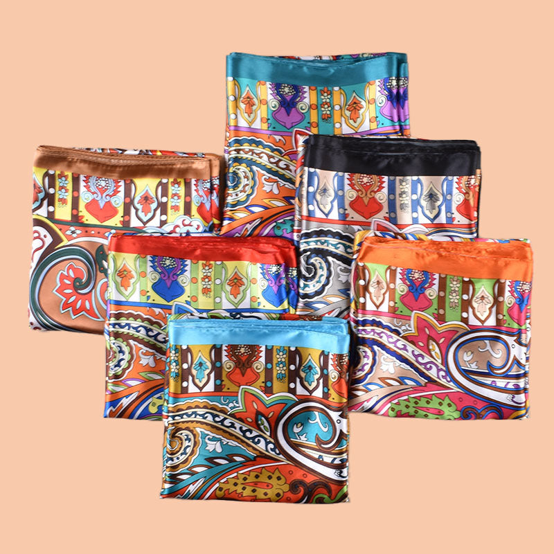 2025 new 90cm-color bright cashew flower printed square scarf with sunscreen bag head silk scarf decorative scarf