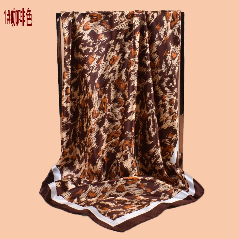 2025 new 90cm-satin sketch leopard print versatile printed square scarf with sunscreen, bag head silk scarf decoration, scarf