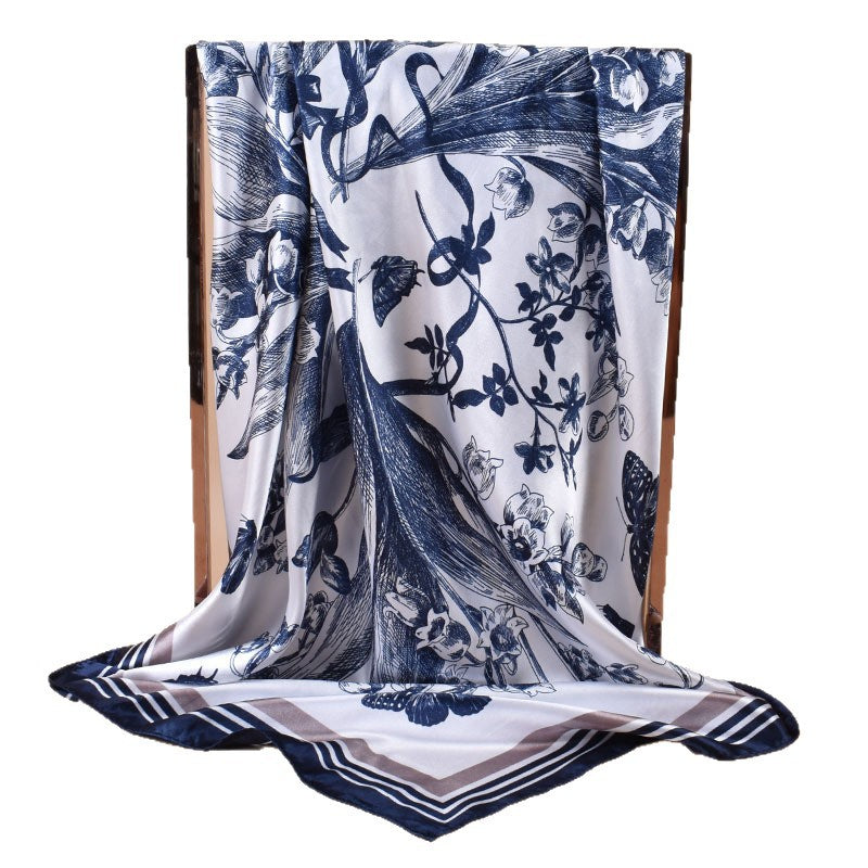 2025 new 90cm-satin butterfly lily printed square scarf with sunscreen bag head silk scarf decorative scarf