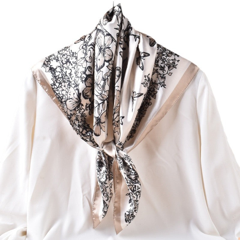 Spring and summer scarf butterfly flying printing versatile decorative scarf headscarf silk scarf 90cm high-quality satin square scarf