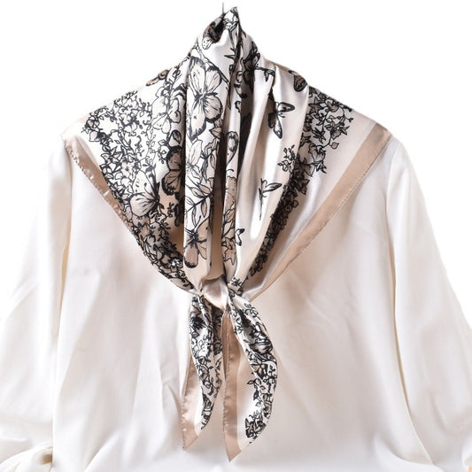 Spring and summer scarf butterfly flying printing versatile decorative scarf headscarf silk scarf 90cm high-quality satin square scarf