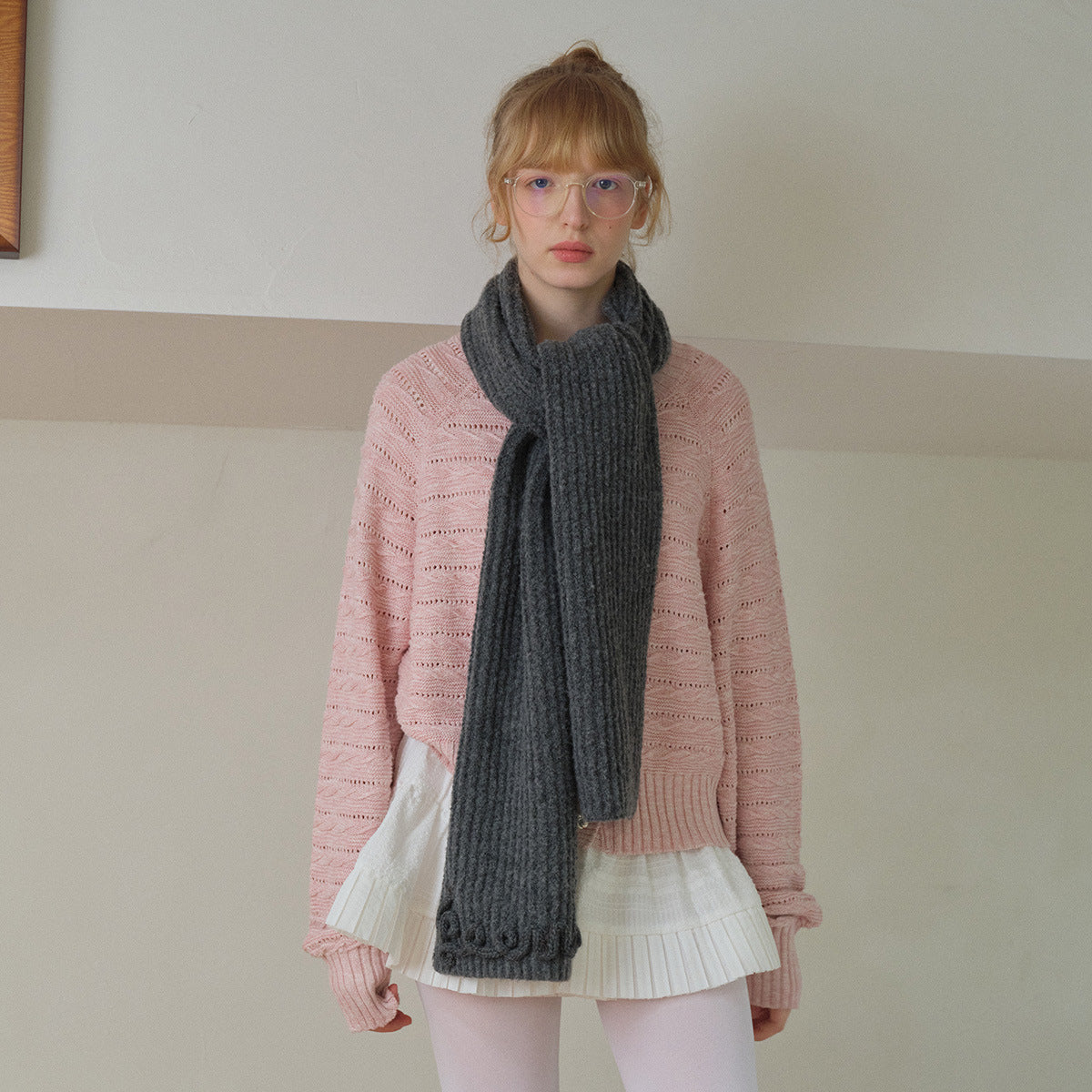 Korean designer three-dimensional handmade crochet letter solid color scarf women's winter cute wool blend scarf