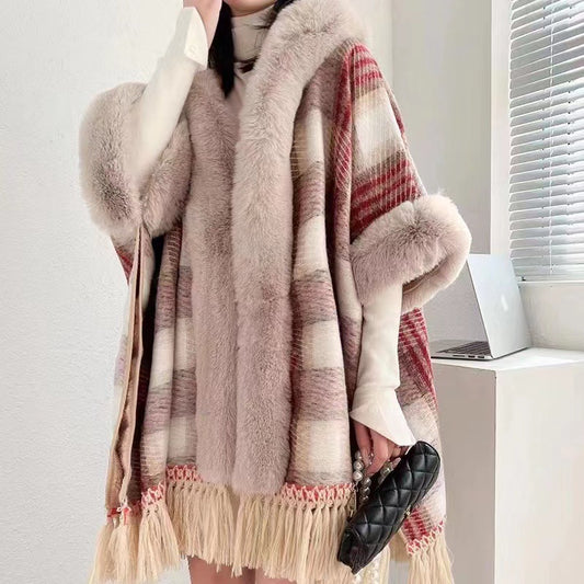 New cape shawl hooded fleece thickened temperament fringed medium and long loose large size cape jacket 1186 #
