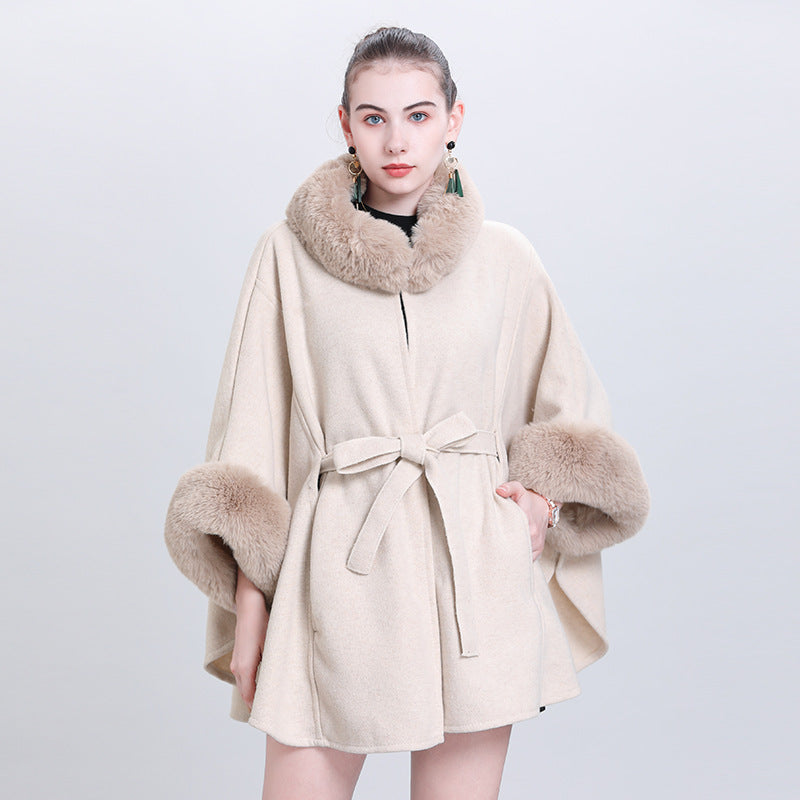 beige autumn and winter fur collar lace-up knitted cardigan cape loose woolen jacket Q1000 #