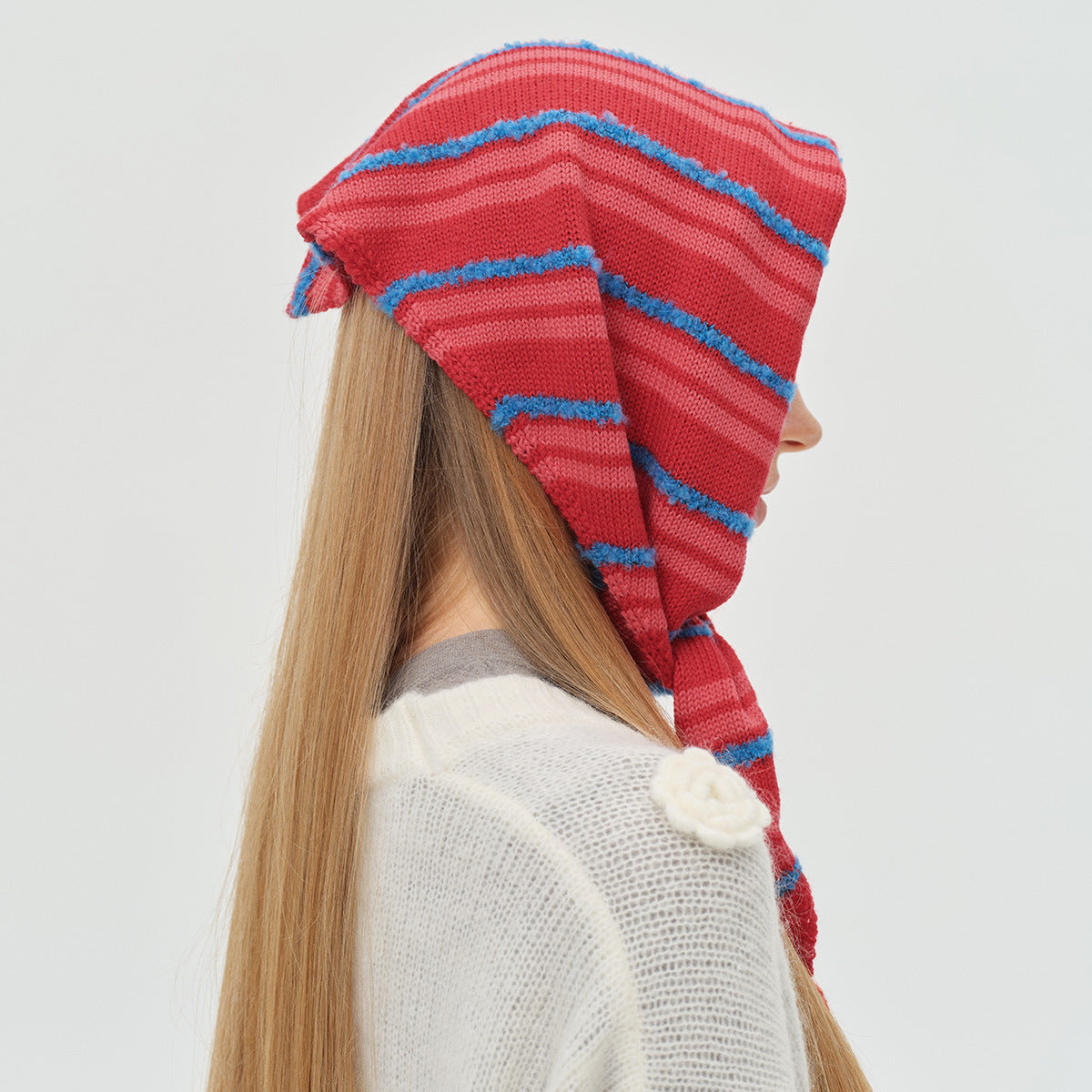 Designer wool blended cotton striped triangle scarf female cute fun knitted small scarf Korean scarf