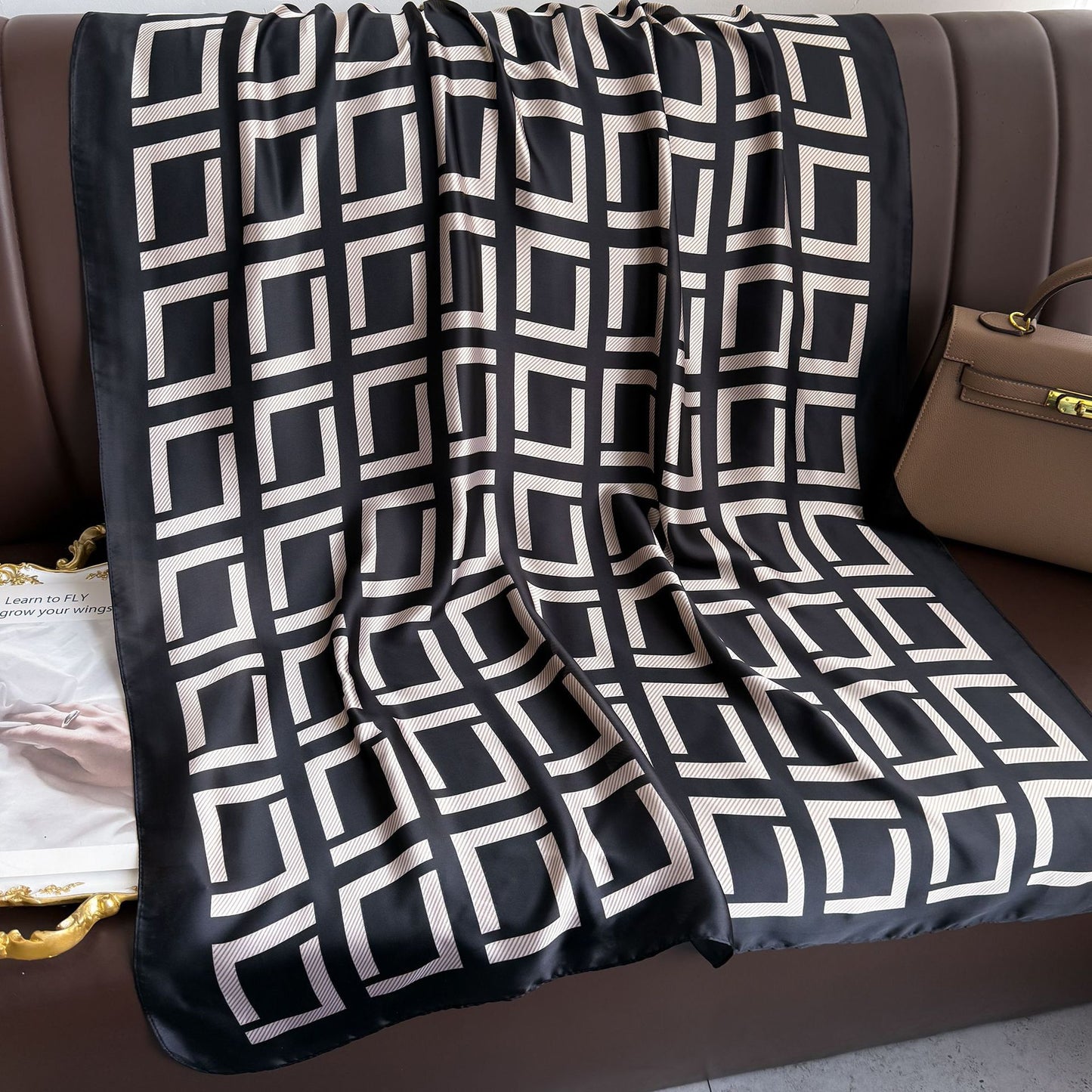 Simple and versatile geometric lines commuter printed long silk scarves, spring, summer and autumn thin travel vacation sunscreen shawls