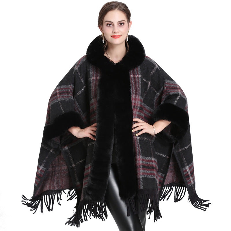 European and American autumn and winter new imitation fur collar hooded fringed knitted cardigan shawl cape jacket 0858 #