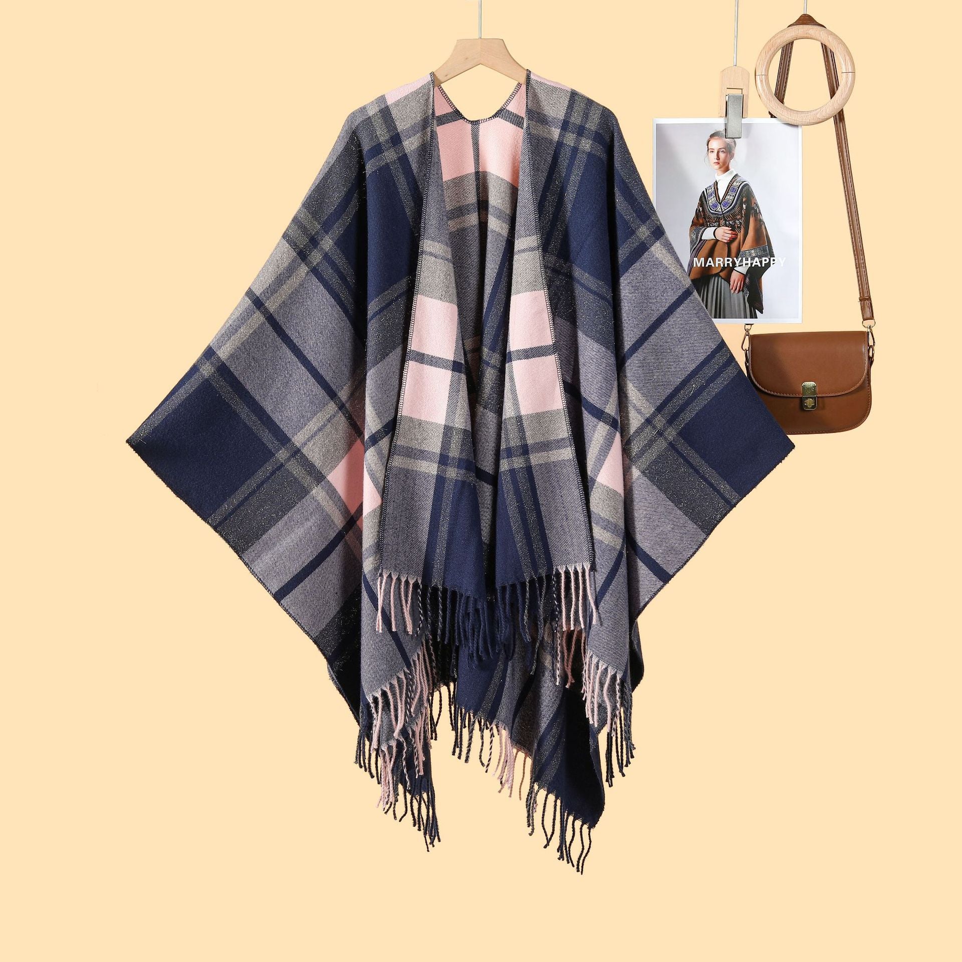 Women's Classic Silver Silk Plaid Cape Cape European and American Street Fashion Catwalk Outside Cape Spring and Autumn Warm Cape