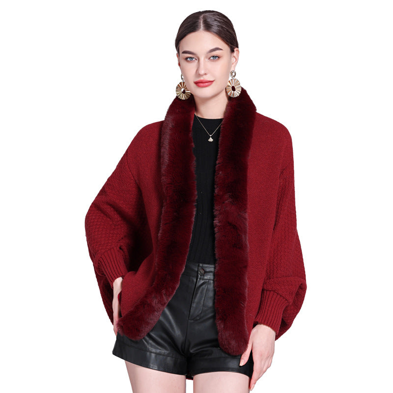 Autumn and winter new fashion loose fur collar bat sleeve knitted cardigan shawl with cape jacket women 1226