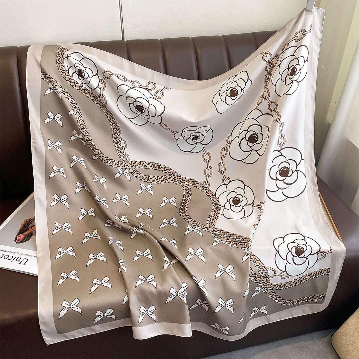 Spring and autumn new oblique silk pattern large square scarf bow flower print square scarf female imitation silk fashion versatile shawl