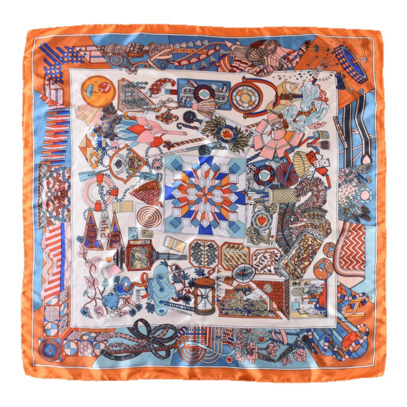 2025 new 90cm-satin geometric retro printed square scarf with sunscreen bag head silk scarf decorative scarf