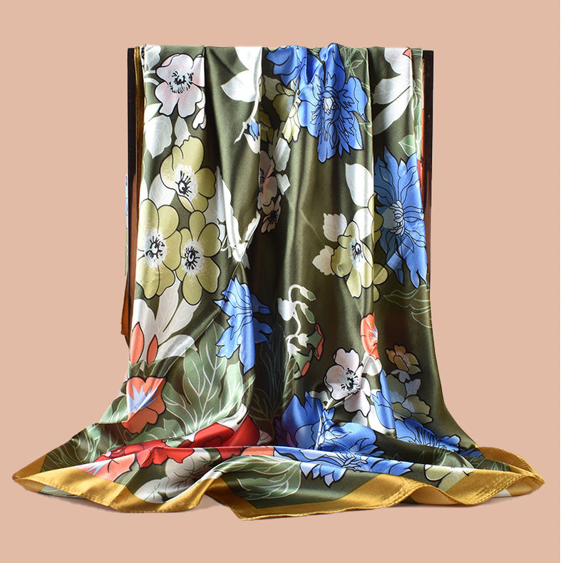 Spring new sweet flower simulation silk printing silk scarf head scarf 90 color diced light luxury square scarf