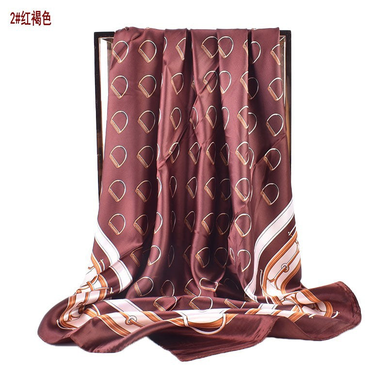 Autumn and winter new scarf saddle buckle accessories printed light luxury silk scarf 90 satin high-end square scarf