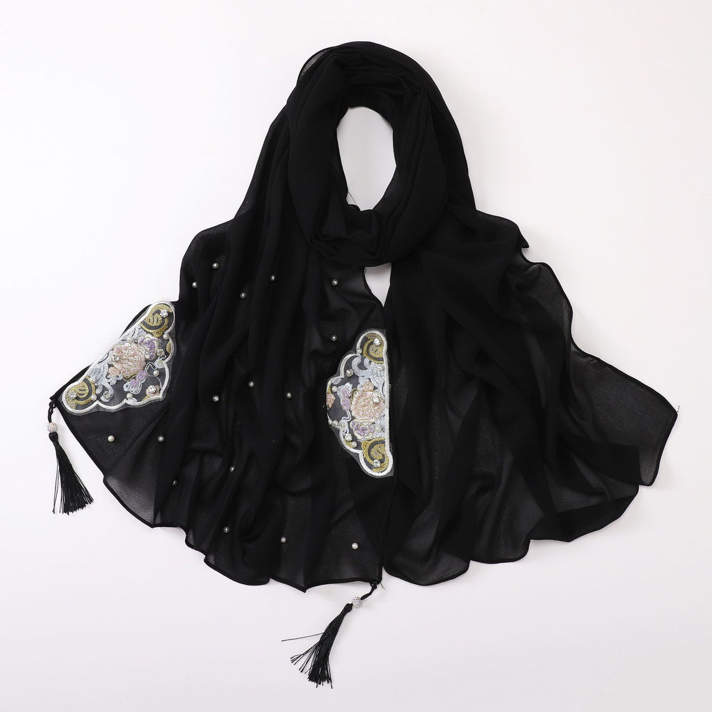 New pearl chiffon embroidered scarf diamond Tassel Shawls Middle East and Africa headscarf