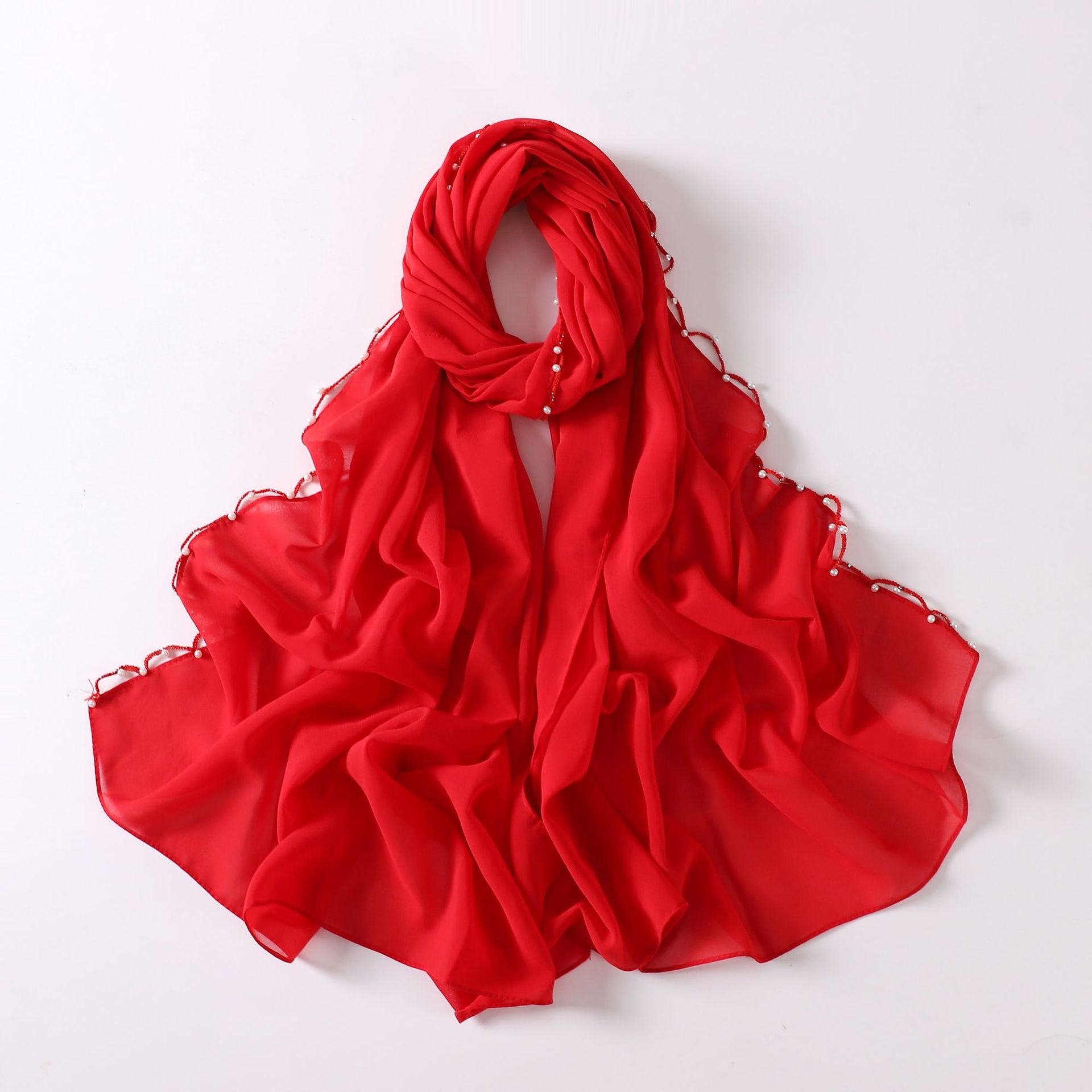 Monochrome pearl chiffon wavy edge beaded scarf gauze malay headscarf middle east Africa hijab