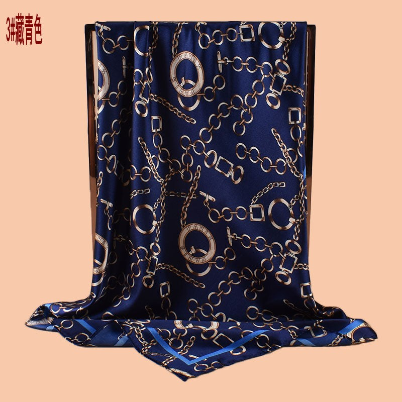 New 90-satin retro round chain printed square scarf with sunscreen bag head silk scarf decorative scarf