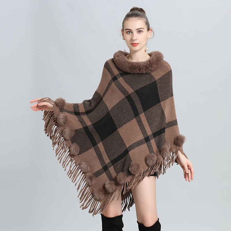 European and American autumn and winter new imitation fur collar round neck plaid hairball pullover knitted sweater cape shawl jacket women 0972 #
