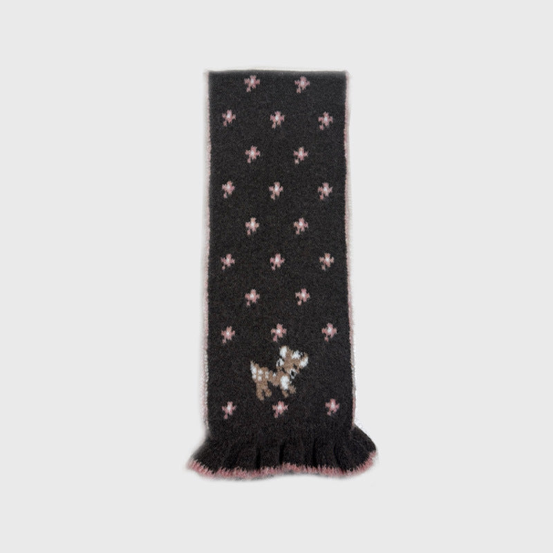 Korean designer wool-blend cartoon deer jacquard knitted scarf women's winter girly lace scarf
