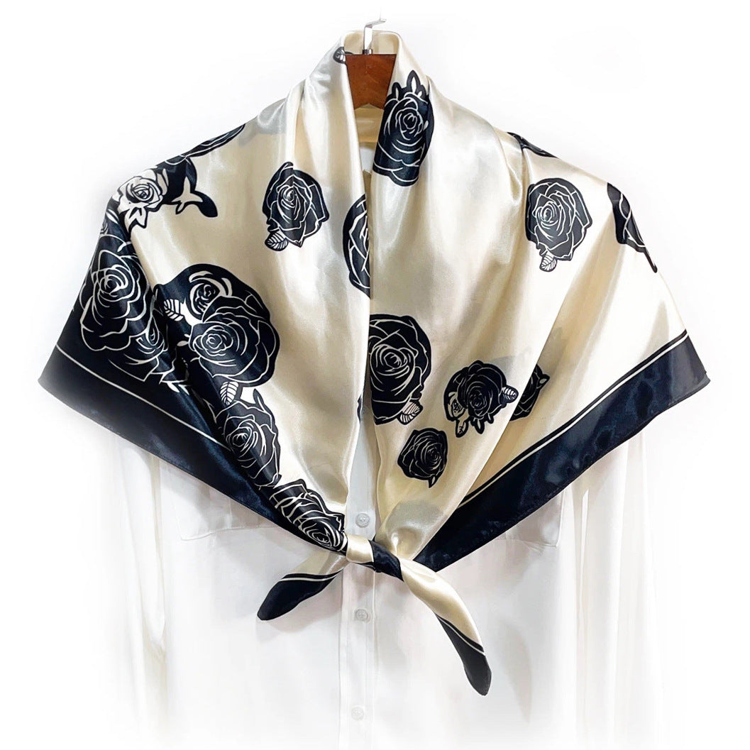 Elegant temperament women's decorative scarf, imitation silk satin plant flower flower printed silk scarf, bag head square scarf