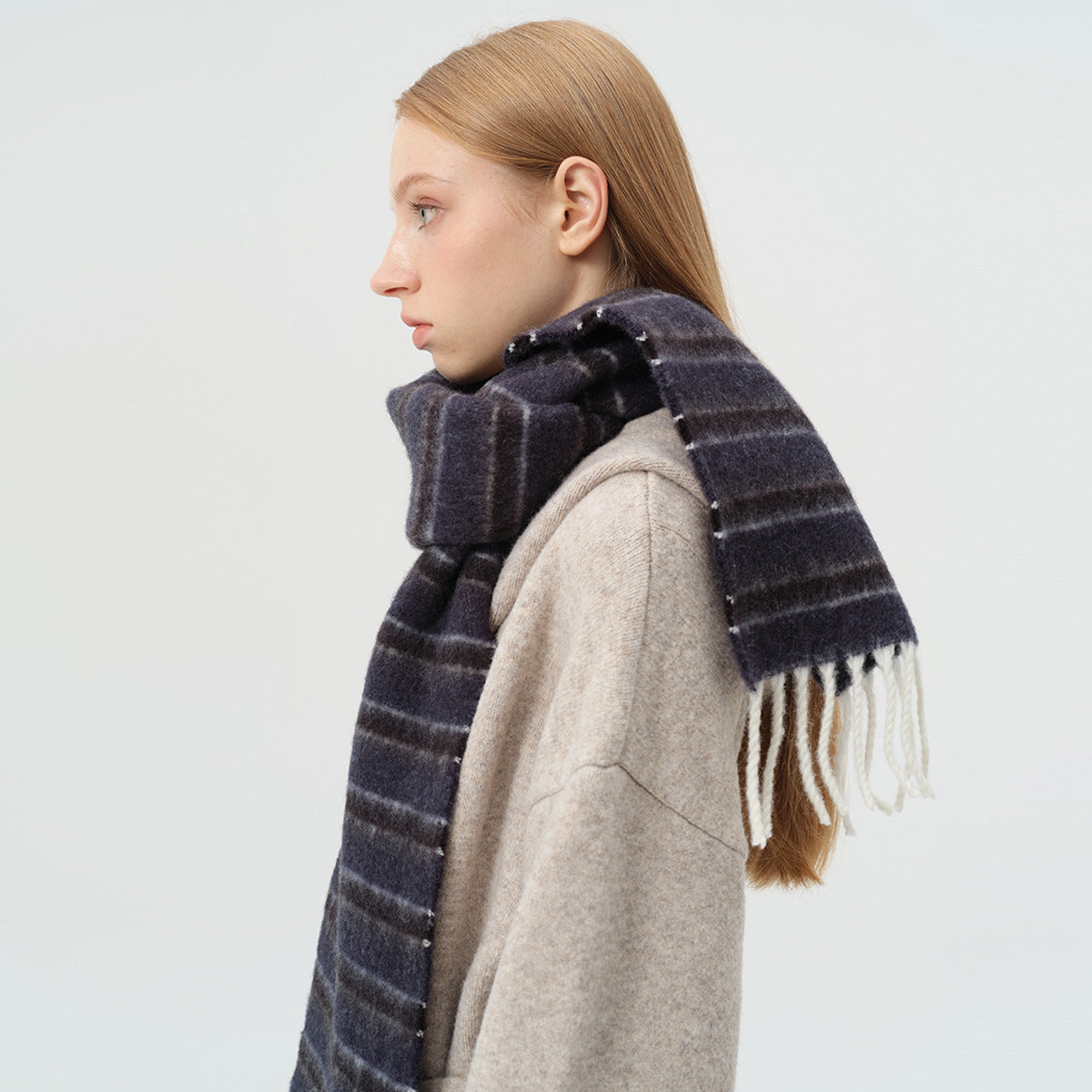 French designer 35% wool blended color striped scarf women's winter thickened atmosphere fringed scarf