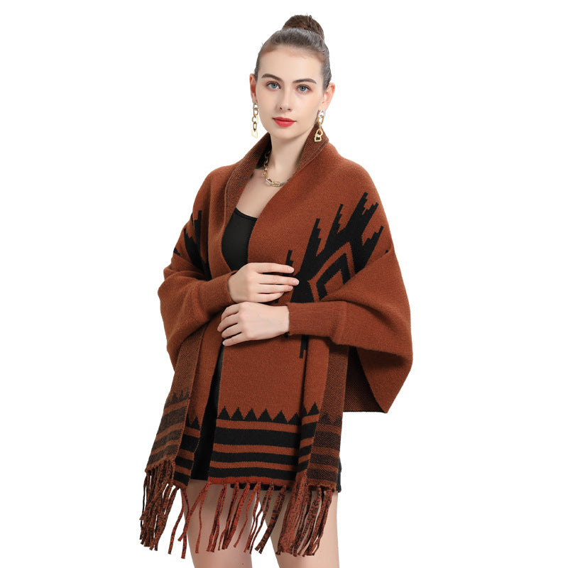 European and American autumn and winter new striped fringed bat-sleeved knitted sweater cardigan shawl scarf dual-purpose 0910 #