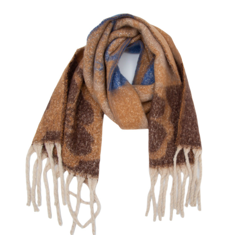 European, American autumn and winter new loop yarn imitation mohair jacquard four-leaf flower scarf