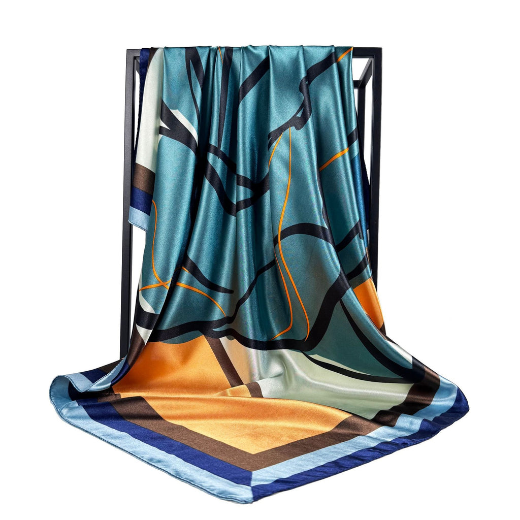 Simple and versatile abstract painting geometric line silk scarf 90cm large square scarf, elegant temperament women's bag head scarf