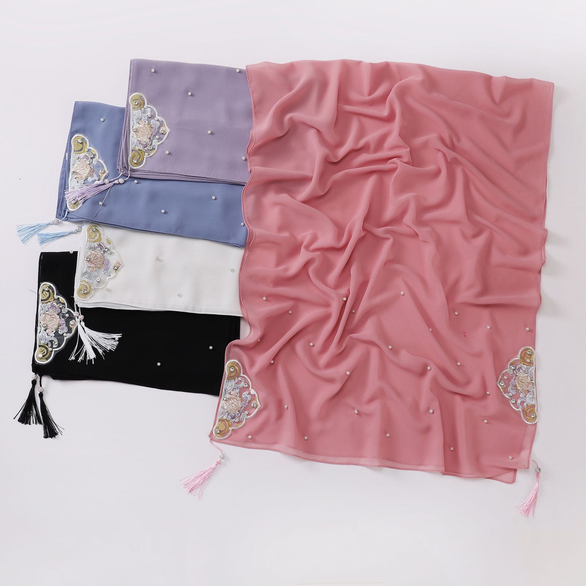 New pearl chiffon embroidered scarf diamond Tassel Shawls Middle East and Africa headscarf