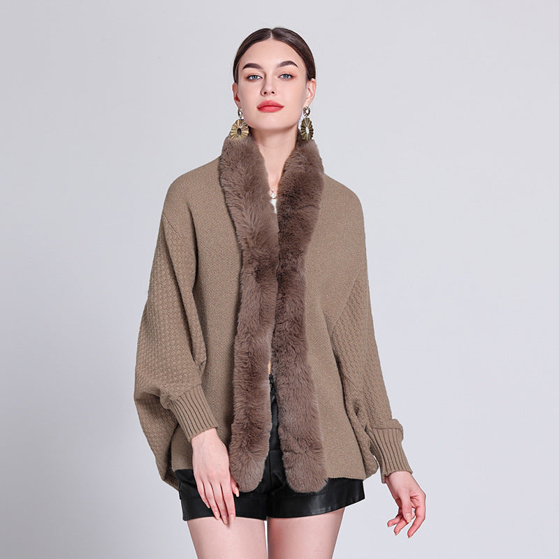 Autumn and winter new fashion loose fur collar bat sleeve knitted cardigan shawl with cape jacket women 1226