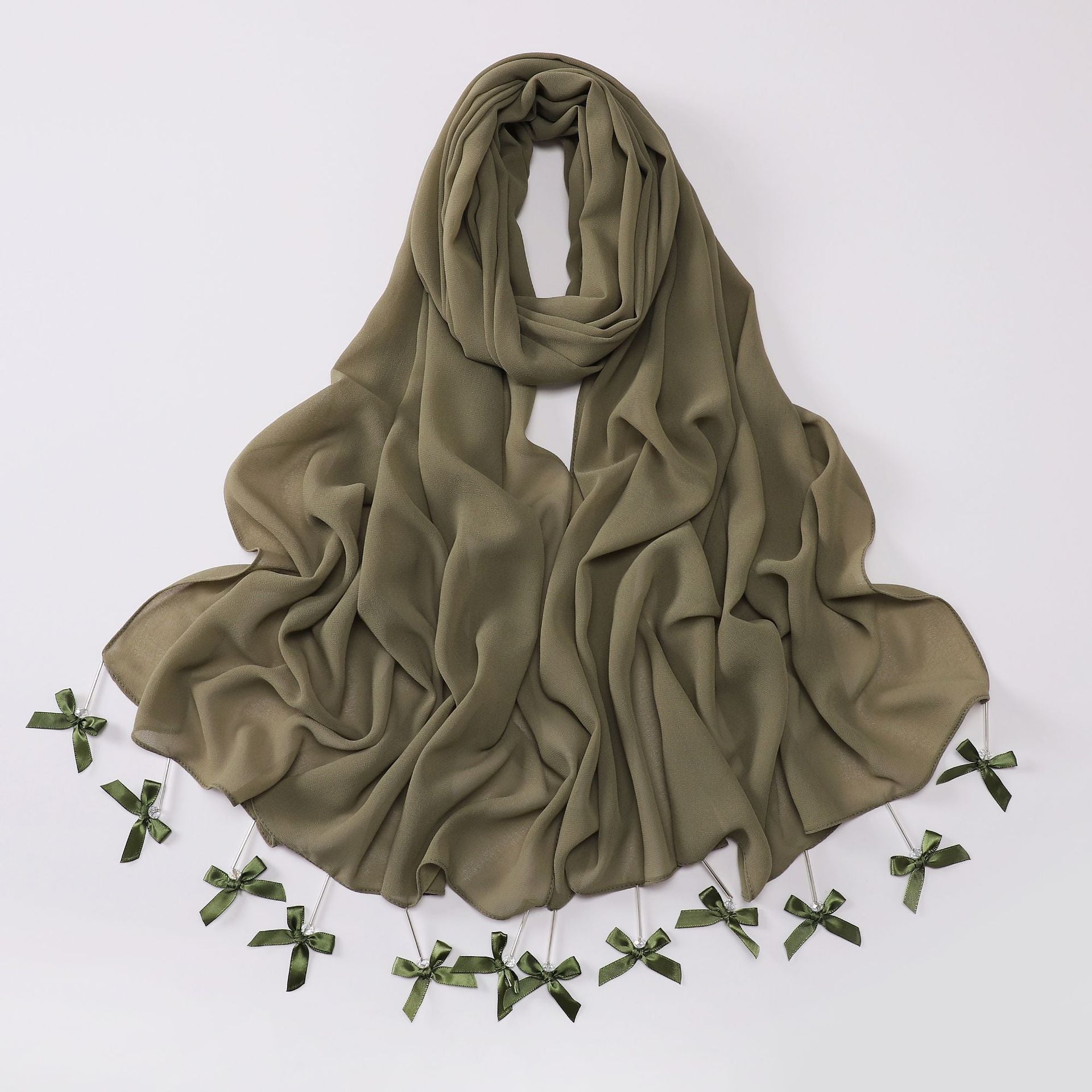 Hand sewn glass tube bow chiffon long towel yarn scarf Malaysia small fresh headscarf
