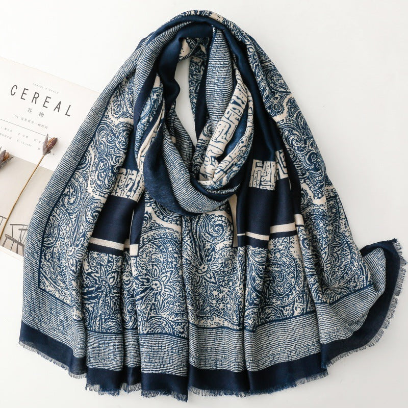 ethnic style cotton and linen feel scarf positioning cashew nut geometric silk scarf thick shawl women
