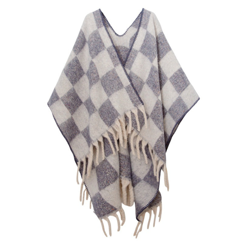 New European, American autumn and winter circle yarn imitation mohair thickened jacquard checkered cross shawl
