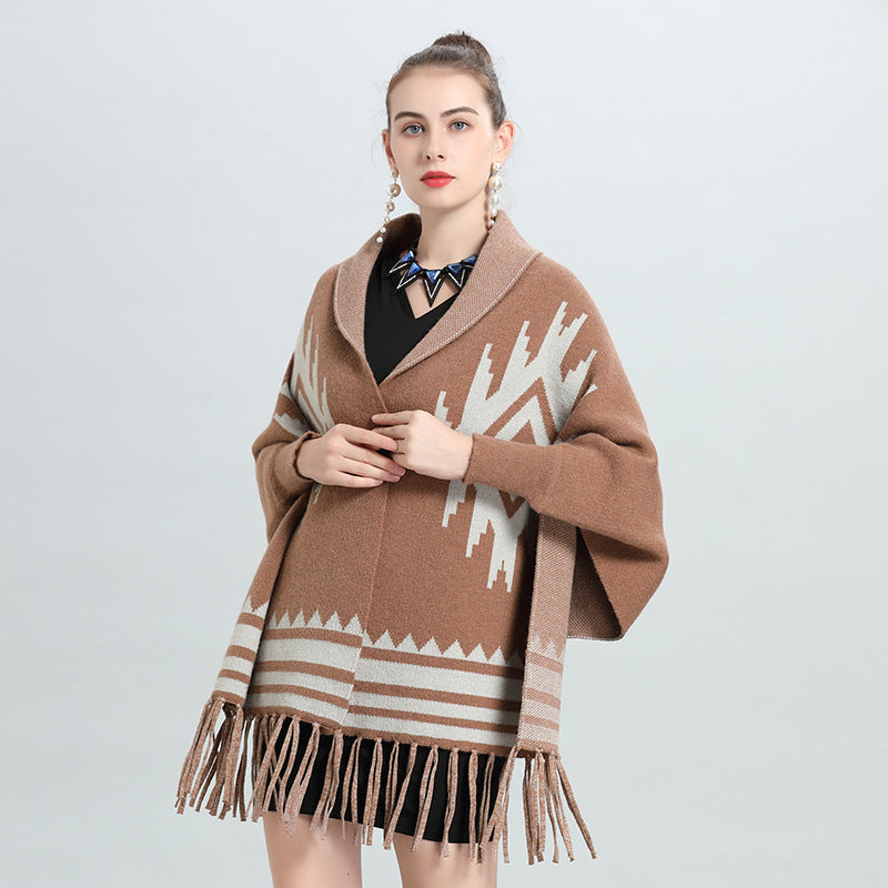 European and American autumn and winter new striped fringed bat-sleeved knitted sweater cardigan shawl scarf dual-purpose 0910 #