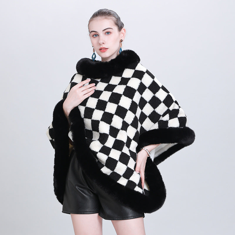 European and Korean autumn and winter new cape shawl thickened plaid fur collar crew neck pullover shawl cape jacket 0986 #