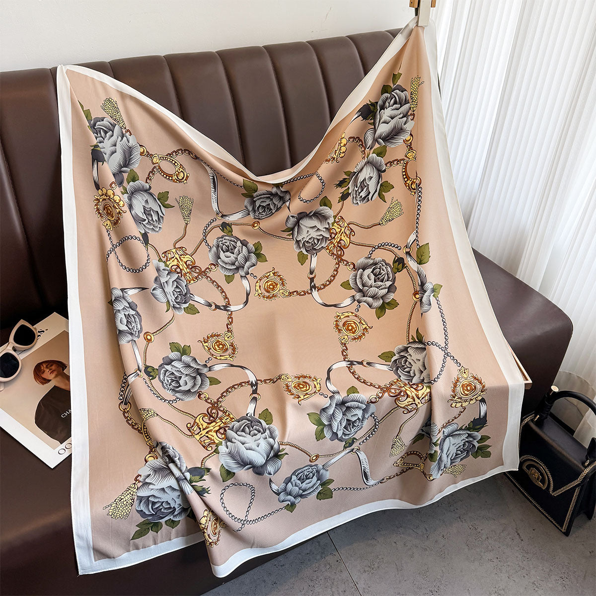Korean version of premium camellia silk scarf 90cm twill silk scarf new chain large square scarf sunscreen shawl headscarf women