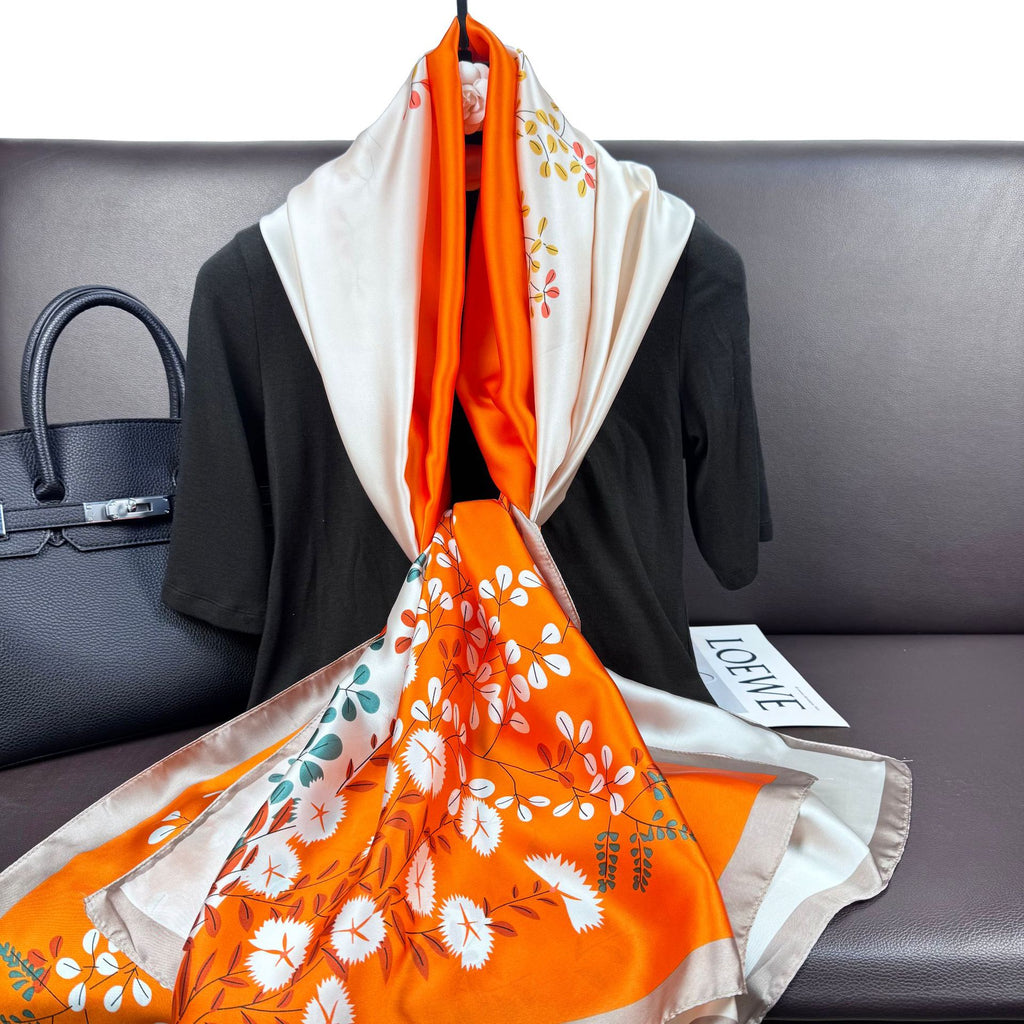 Korean version of simple and versatile geometric color matching plants and flowers long silk scarves, simple and elegant ethnic women with thin shawls