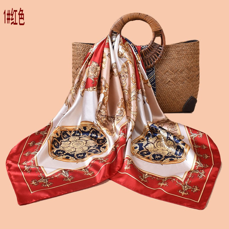 Spring and summer symmetrical vine symbol printed versatile decorative scarf headscarf silk scarf 90 high-quality satin square scarf