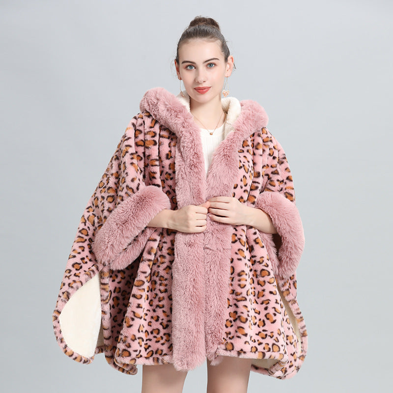 Cloak shawl piled thickened fur collar fringed knitted shawl large size woolen coat 0961 #