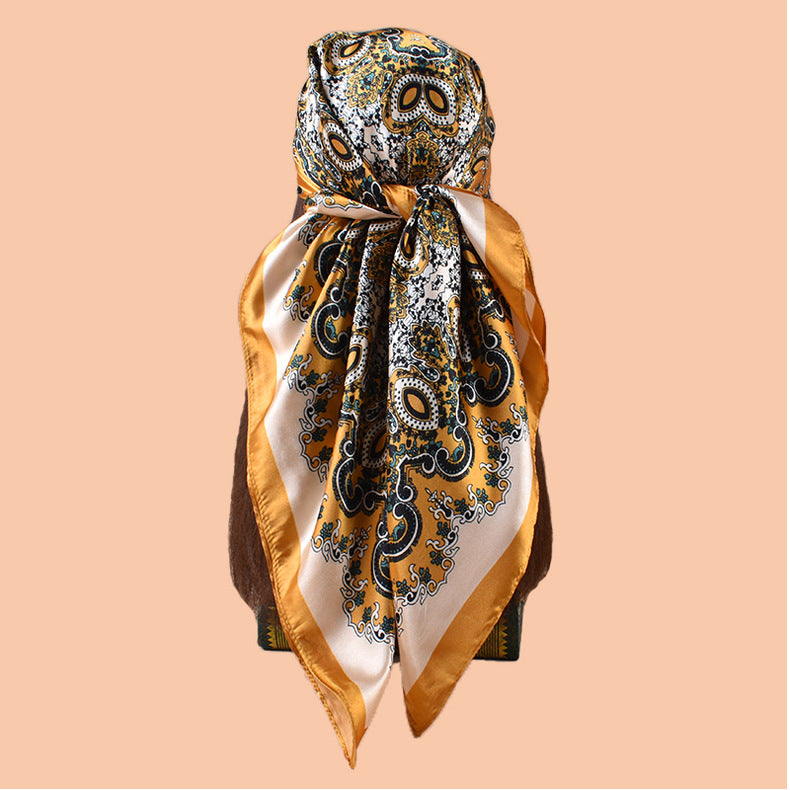 2025 new 90cm-satin ethnic style geometric printing square scarf with sunscreen bag head silk scarf decorative scarf