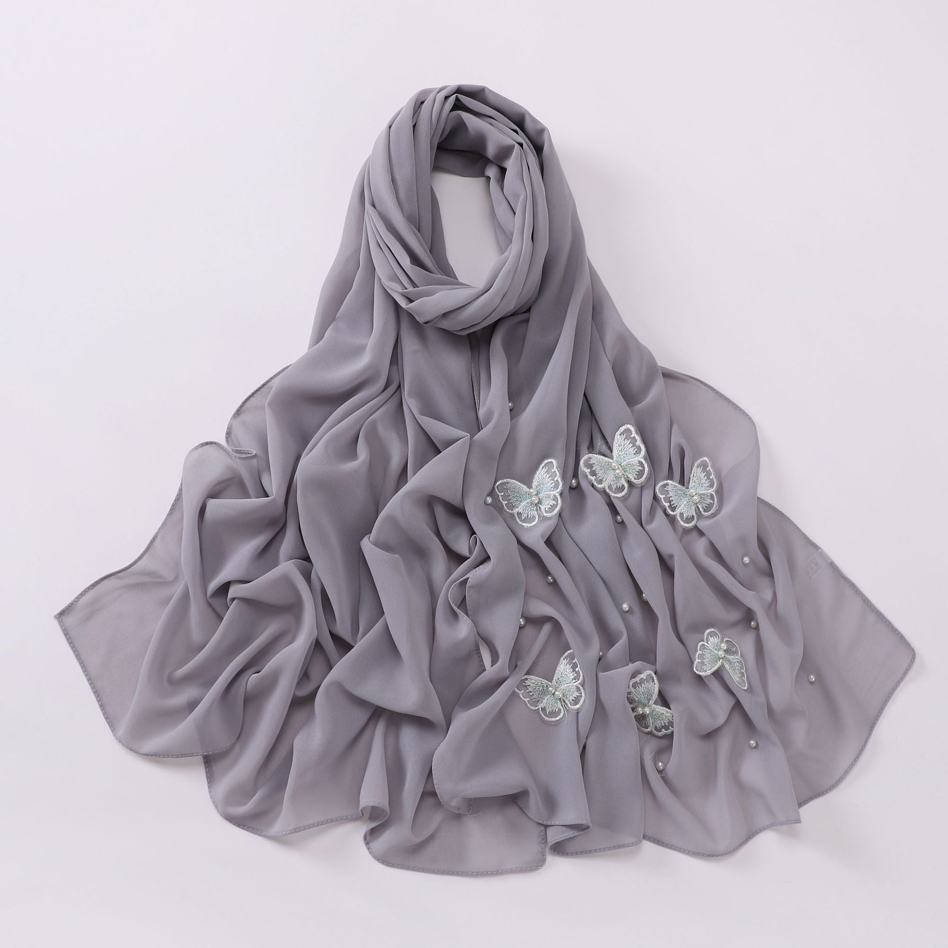 Pearl chiffon three-dimensional butterfly flower bead scarf gauze Malaysian headscarf
