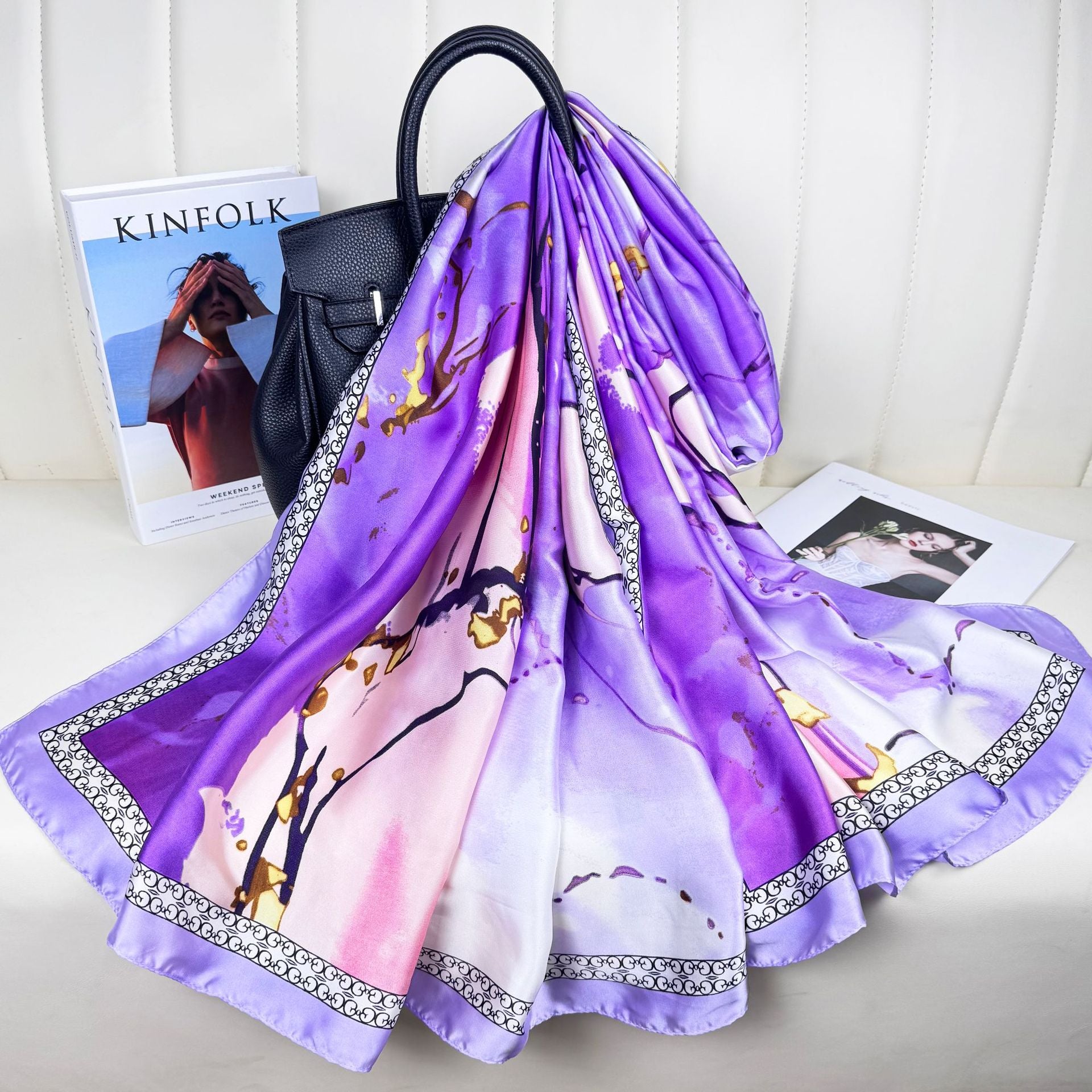 Fashion versatile gradual change color pattern printed silk scarf, elegant temperament women sunscreen shawl beach towel