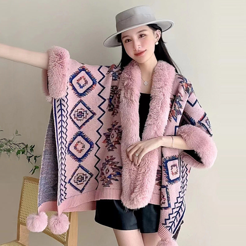 Autumn and winter new ethnic style hairball cape cape cape with jacquard loose knitted cardigan jacket women
