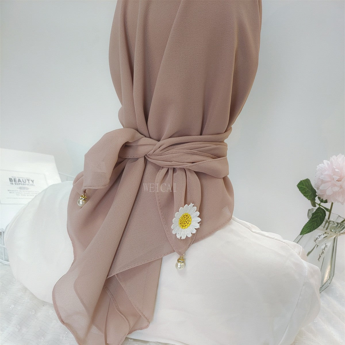 New solid color chiffon square scarf headscarf ins wind small daisy dried flower yarn hijab